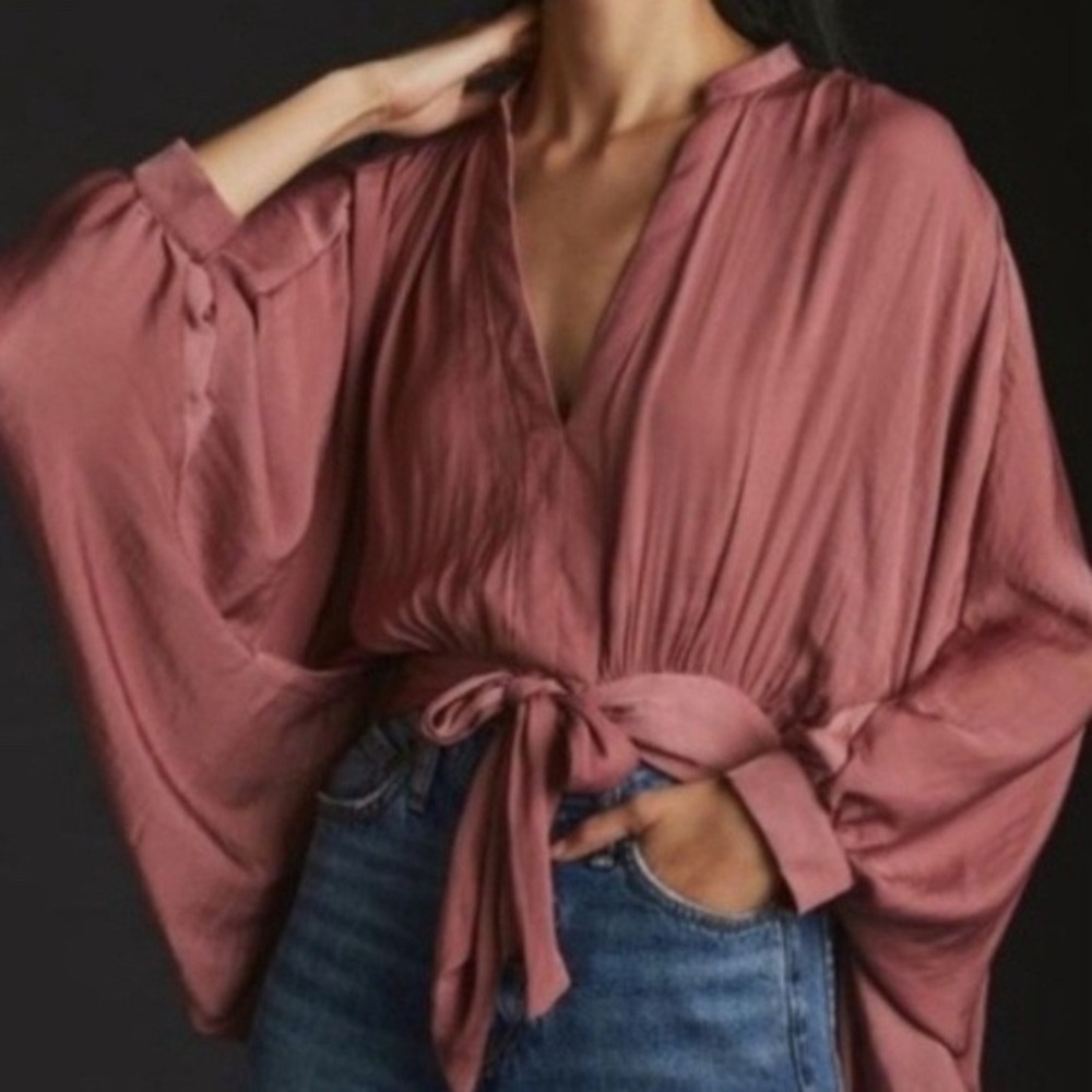 Anthropologie Batwing Blouse Rose Pink Satin Tie Front Women's XS Chic Bow‎